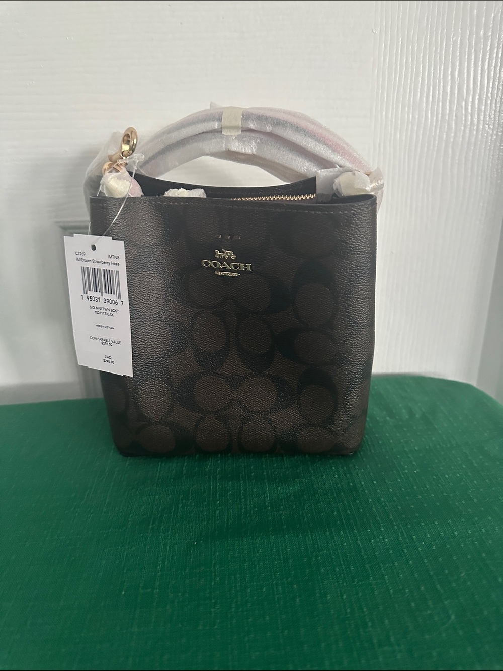 Coach Dark Brown/Red Trim/strap Signature Town Mini Bucket with Gold Hardware
